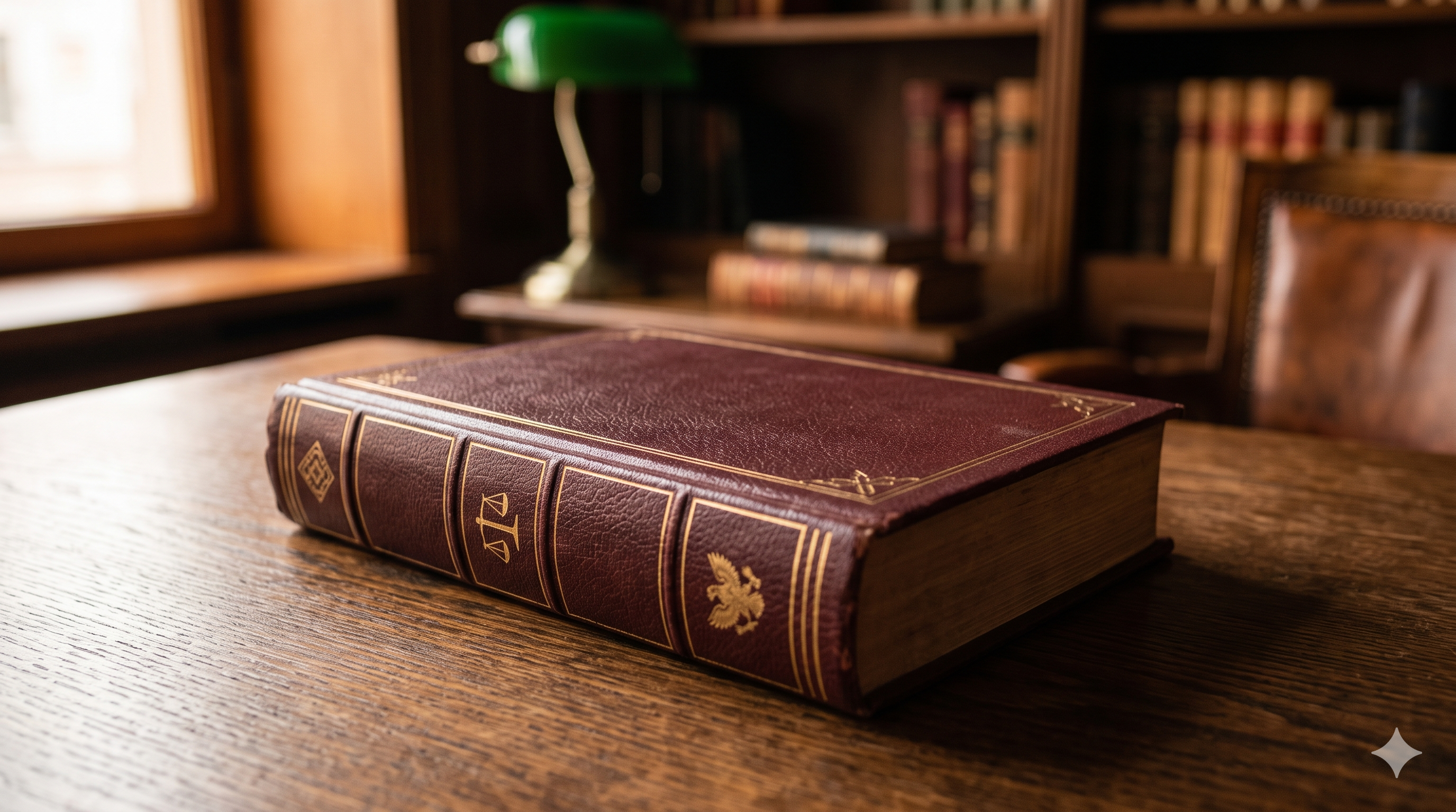 Libro de código legal de tapa granate sobre una mesa de madera