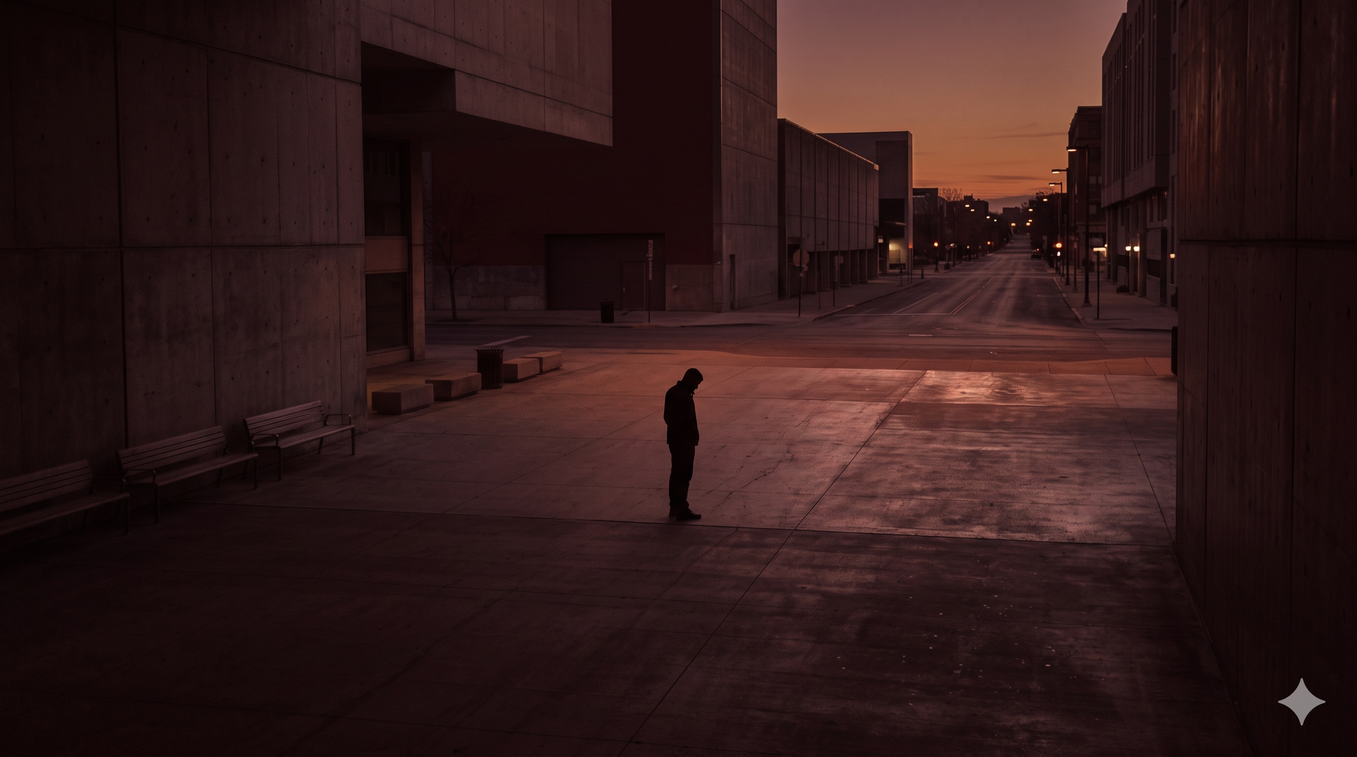 Silueta solitaria en un espacio urbano vacío al atardecer