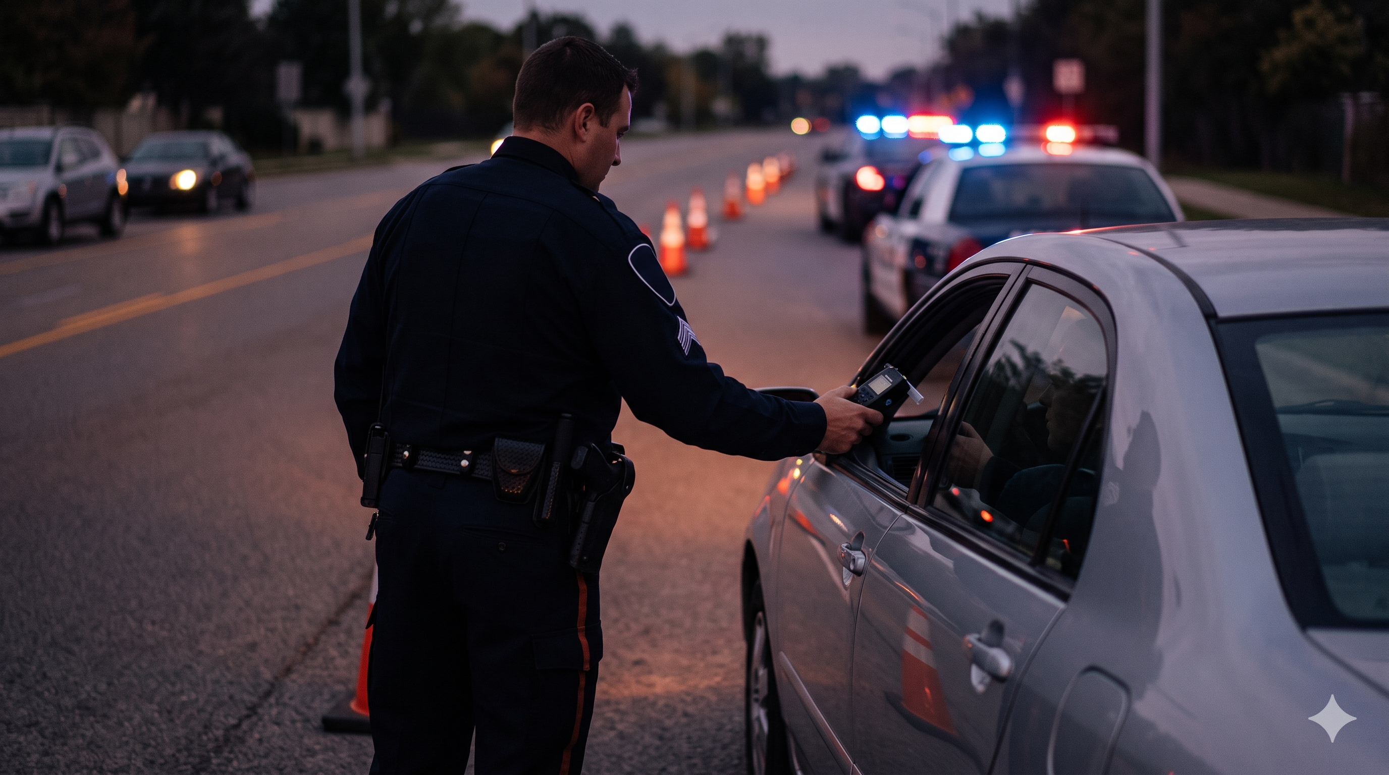 Agente de policía acercando un alcoholímetro a un conductor en un control de carretera