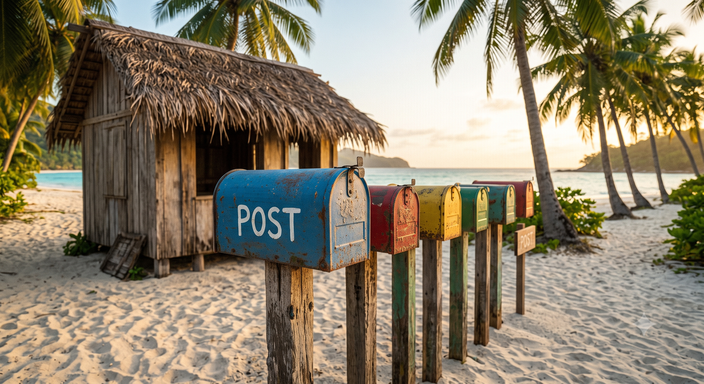 Buzones de correo coloridos en una playa tropical, imagen de contacto de Víctor Pan abogado